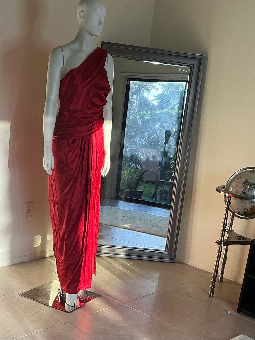 One-Shoulder Red Draped Evening Dress